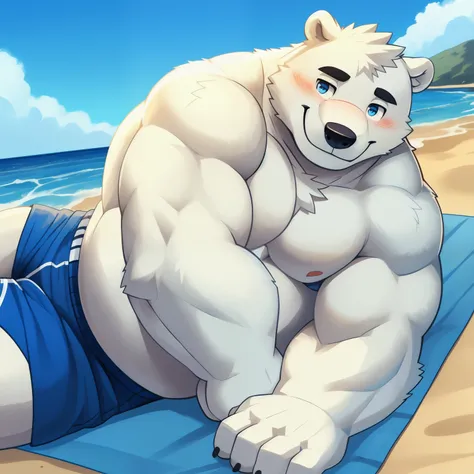 New Jersey 5 Pelzig，polar bear，alone, portrait,Exquisit， pummelig，white fell, Fat，thick arms， Sturdy muscles ，Topless，White plush fur， chubby ，  black eyebrows  ， sky blue eyes ，bart，Lying on a towel on the beach，Strandshorts，cover，cover下身，Blush， shy smile...