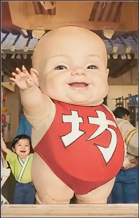 ((realistic giant baby), waving hand, black hair, big smile, baby is standing.