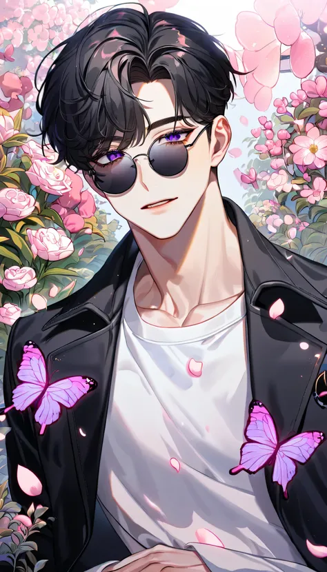 absurdres, highres, ultra detailed, HDR, master piece, best quality, Lim Haegyung, black messy short hair, expressive purple eyes, round black sunglasses, Love Jinx, 1man, handsome, black coat, white shirt, petals, garden, pink butterflies