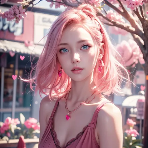 young woman, short shoulder-length pink hair, wide forehead, porcelain skin, pink eyebrows, big emerald green eyes, buttoned nose, full lips, heart-shaped face, slender body, small breasts, red tank top, Sakura Haruno , realistic, realism, details, 3d, wel...