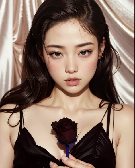 woman in a black dress holding a rose in her hand, jennie blackpink, retrato de jossi de blackpink, jinyoung canela, jossi do bl...