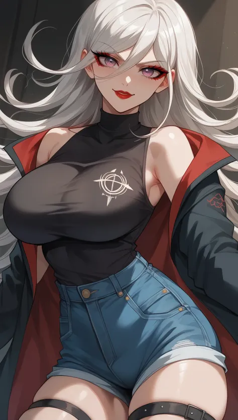  perfect eyes、 perfectly sexy face、Ultra Detailed、Mukuro Ikusaba 、Danganronpa、shiny hair、( Big breasts ), black shirt、black jacket、Tight Waist、thin waist、 dark blue denim shorts、 Thigh straps 、shiny skin、white pele、Beleza、erotic、Red Eyeliner、 red lips、wick...