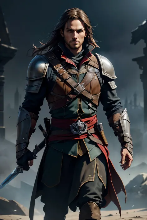 A 30-year-old male Assassins Creed character, wearing a futuristic bulletproof vest, gloves, and boots, holding a sword, standing in a medieval background, (best quality,4k,8k,highres,masterpiece:1.2),ultra-detailed,(realistic,photorealistic,photo-realisti...