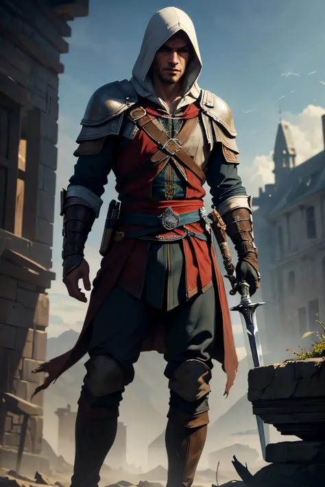 A 30-year-old male Assassins Creed character, white gloat and hood, wearing a futuristic bulletproof vest, gloves, and boots, holding a sword, standing in a medieval background, (best quality,4k,8k,highres,masterpiece:1.2),ultra-detailed,(realistic,photore...