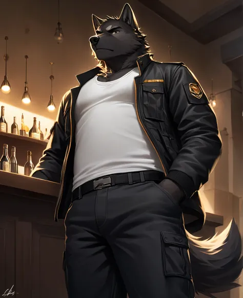 solo,furry,furry male,wolf,adult,black_skin,black fur,wolf ears,wolf tail,muscular,tall,white tank_top,black cropped_jacket,blac...