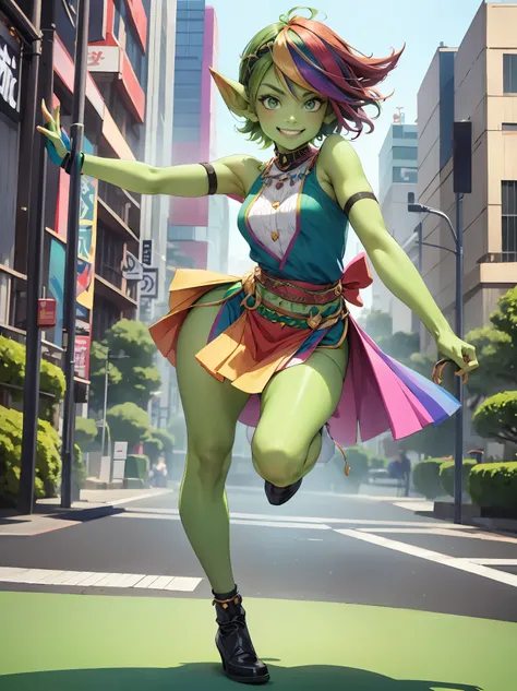1 girl, short hair, green goblin girl, green skin, small pointy ears, ((rainbow hair)), very fashionable clothes, smiling, full body, outdoors in tokyo, performing a tiktok dance in the streets of tokyo, daytime, dynamic pose, cinematic still, action shot,...