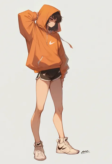 girl  wearing orange hoodie,  ,  ,nike shorts, sneakers , white background, nike logo ,standing