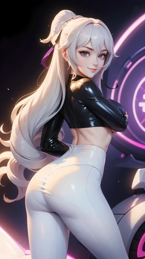 Bronya zaychik ex(honkai impact), white hair,Bodysuit mesh, leggings latex, sexy posing, perfect ass, perfect breast, without bra, very smile