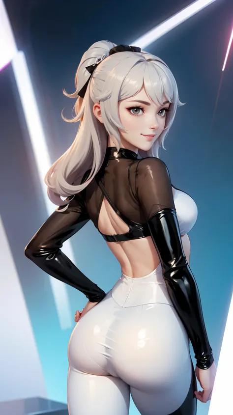 Bronya zaychik ex(honkai impact), white hair,Bodysuit mesh, leggings latex, sexy posing, perfect ass, perfect breast, without bra, very smile