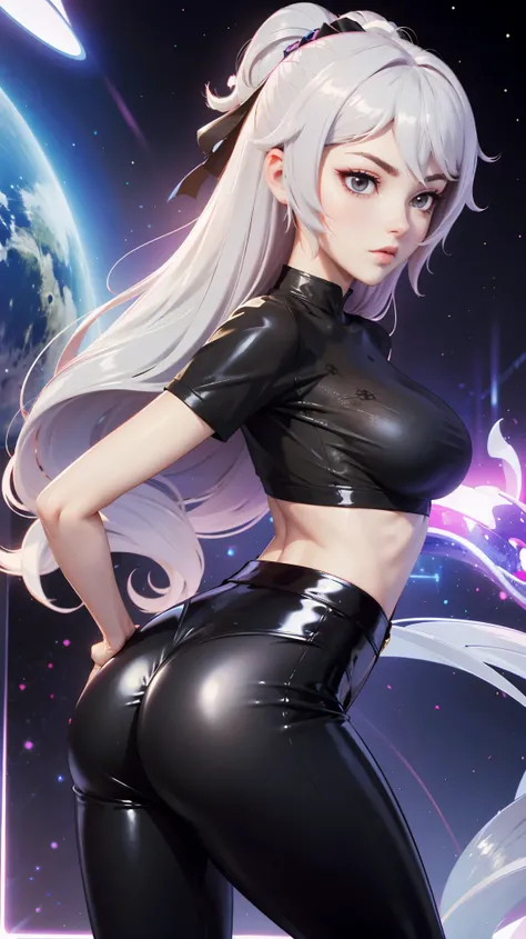 Bronya zaychik ex(honkai impact), white hair, black mesh t-shirt, tight leggings latex, sexy posing, perfect ass, perfect breast, without bra, background galactic 
