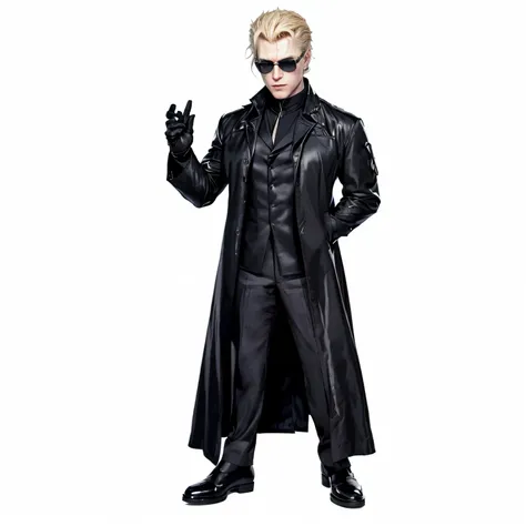 a man in a black coat and sunglasses standing with his hands out, albert wesker full body portrait, albert wesker, joe biden as a jojo character, johan liebert, as a character in tekken, visual novel sprite, inspired by Iwao Takamoto, dio brando, johan lie...