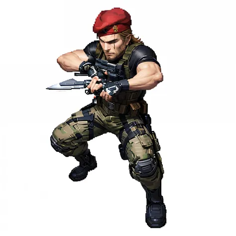 a cartoon image of a man in a red beret holding a knife, character art the contra, 2 d sprite, 2 d sprites, metal gear solid art style, sprite 2 d, visual novel sprite, snake from metal gear, from metal gear, jetstream sam from metal gear, metal gear solid...