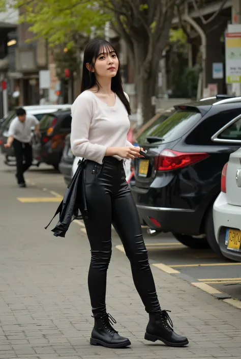 background , background , Japanese office lady, young female, (The angle is horizontal)、 Black leather skinny pants , Black leather skinny pants , Black leather skinny pants 、Black long leather boots on both feet、 black long hair, Full body image, Full b...