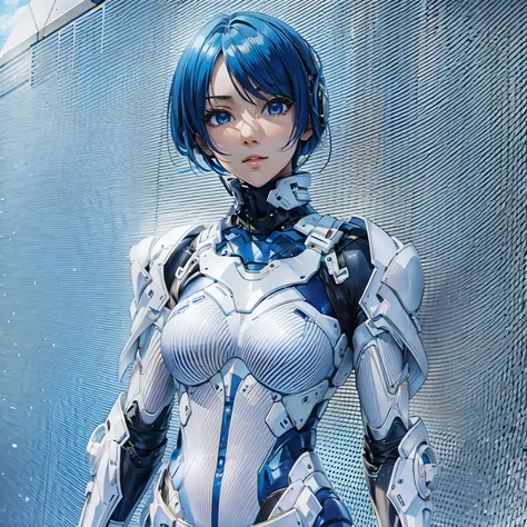 (masterpiece、Best Quality、 highest resolution 、Clear_image、Detailed details): (Whole body、A 20 year old girl、Japanese Faces、 small face、 slender、 dark blue super short bob cut hair、(Hidden small breasts:1.3)、 Sparkling Blue Eyes 、Shiny pilot suit in white,...