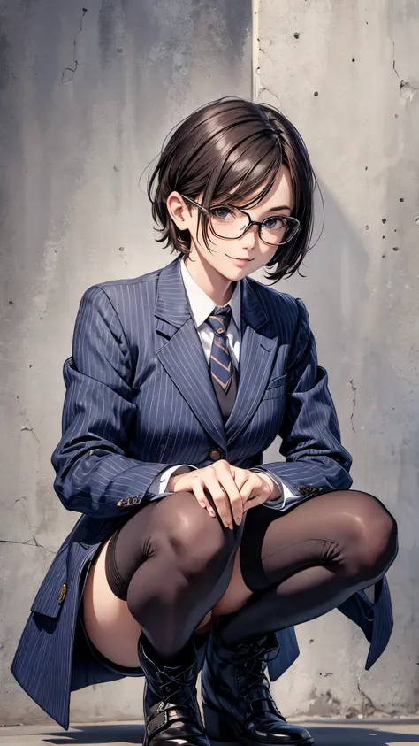 30-year-old woman,grin,Very short hair,Glasses,office casual style,suit,Tight Skirt,pantyhose,((Knee-high long boots)),squatting. high resolution on down, Best Quality,  anatomically correct, masterpiece, smile, 