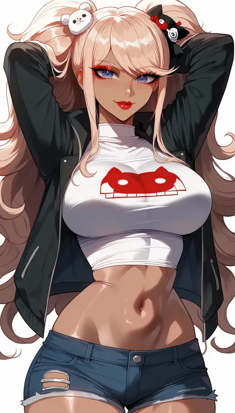 perfect eyes、 perfectly sexy face、ultra detailed、junko enoshima、danganronpa、shiny hair、( big breasts ), black shirt、black jacket...