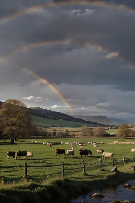 field background with a river and sheep with a rainbow in the sky