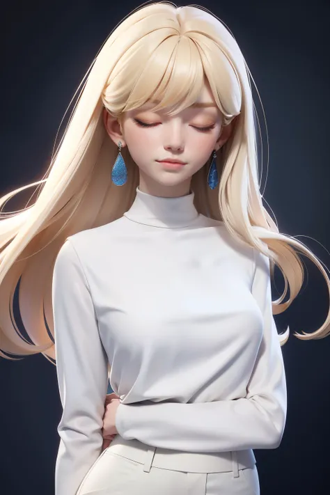 masterpiece,  better quality,  1girl, closed eyes,  pale skin,  Blonde hair,  ,  medium length hair, long bangs,  covering your eyes, earrings, white turtleneck , blue trousers, simple background, One,  upper body