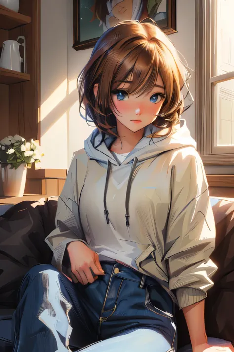 anime girl sitting on a couch with a hoodie on, cute anime girl, an anime girl, attractive anime girl, anime girl, beautiful anime girl, portrait anime girl, anime. soft lighting, young anime girl, realistic young anime girl, realistic anime artstyle, pret...