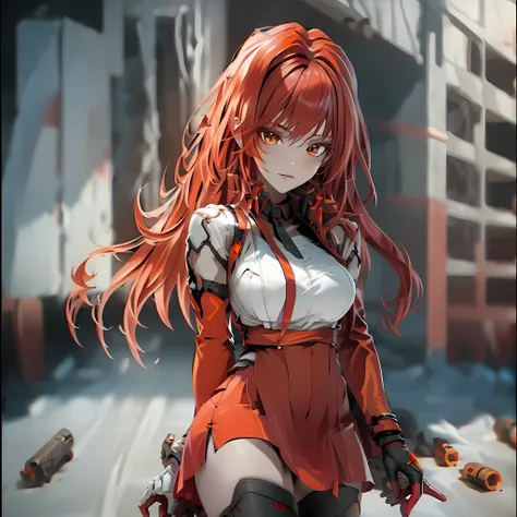 ((Best quality)), ((masterpiece)), (detailed:1.4), 3D, an image of a beautiful cyberpunk female, long burning red hair, burning hair, Red eyes, Black Barret Hat, Red Soldier Shirt, White undercloth, black panty, black skirt, black thick boot, long black kn...