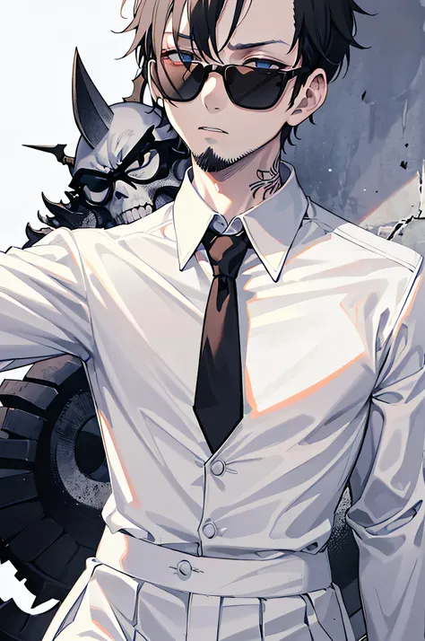 Overwhelming Boss 、(( skinhead、black tattoo on head))、Overwhelming Presence 、male、Ruler、 Mafia boss 、Alone、like a crazy 、The embodiment of evil、((sunglasses))、((male、Trained escorts ))、Fighter、Heresy Aura 、Tattoo on arm、Tattoo on neck、(( white suit))、(( zo...