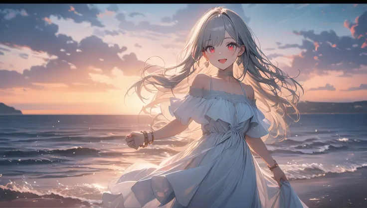 Teenage girl character with grey hair, red glowing eyes, long hair and a mole under her left eye. 1 girl, :d, bangs, bare shoulders, beach, bracelet, choker, collarbone, dress, earrings, eyebrows visible through hair, holding in hand, jewelry, long hair, o...