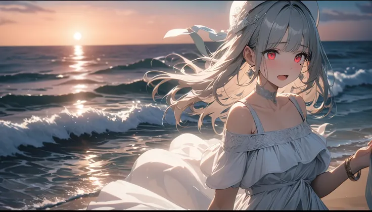 Teenage girl character with grey hair, red glowing eyes, long hair and a mole under her left eye. 1 girl, :d, bangs, bare shoulders, beach, bracelet, choker, collarbone, dress, earrings, eyebrows visible through hair, holding in hand, jewelry, long hair, o...