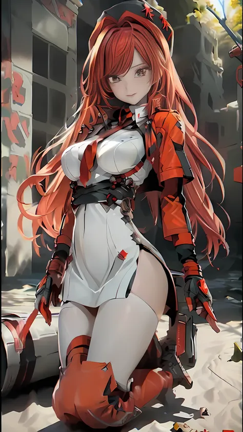 ((Best quality)), ((masterpiece)), (detailed:1.4), 3D, an image of a beautiful cyberpunk female, long burning red hair, burning hair, Red eyes, Black Barret Hat, Red Soldier Shirt, White undercloth, black panty, black skirt, black thick boot, long black kn...