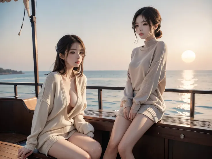 beautiful Japanese women, Lost in Thought, yacht deck, super loose-fitting sweater, Small breasts, sit, sunset, Realism, UHD, masterpiece, accurate, anatomically correct, textured skin, super detail, high details, high quality, best quality, highres