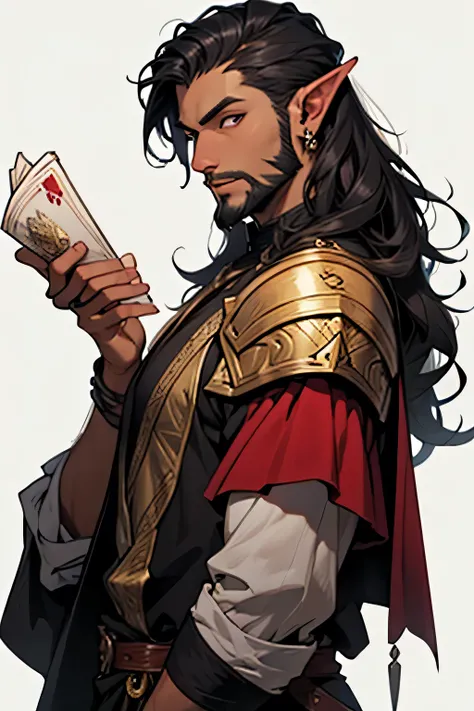 dungeons and dragons, young man with a short beard,  long hair, magician, drow,  dark skin , long ears, No background ,  wavy hair, hairstyle 
