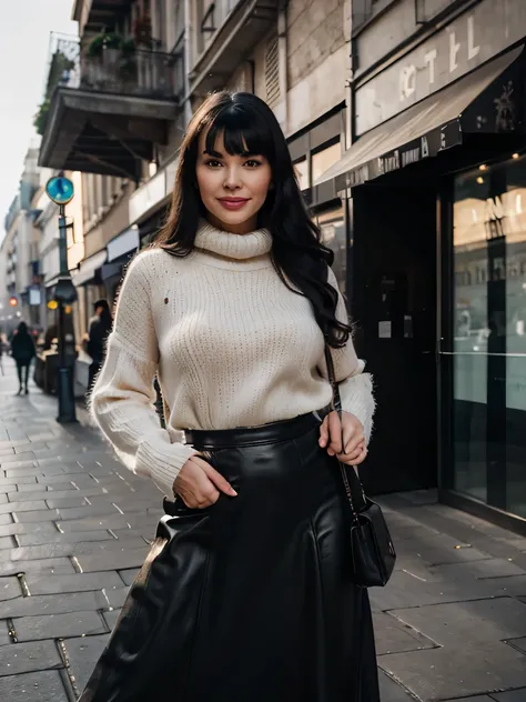 proFessional portrait photograph oF a gorgeous Smiling Bettie page girl in winter clothing with long wavy Black hair, sultry Flirty look, gorgeous symmetrical Face, joli maquillage naturel, wearing elegant warm winter Fashion clothing, black leather gloves...