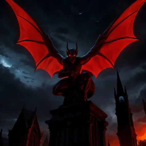 monstrous gargoyle with wide wings on top of a gothic building, eyes glowing red, sinister atmosphere, dark sky, flashes, 8k, art, view