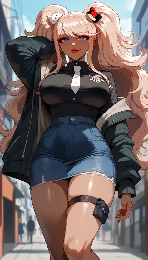  perfect eyes、 perfectly sexy face、Ultra Detailed、Junko Enoshima、Danganronpa、shiny hair、( Big breasts ), black shirt、black jacket、Tight Waist、thin waist、dark blue denim skirt、 Thigh straps 、shiny skin、 tanned skin 、Beleza、erotic、Red Eyeliner、 red lips、wick...