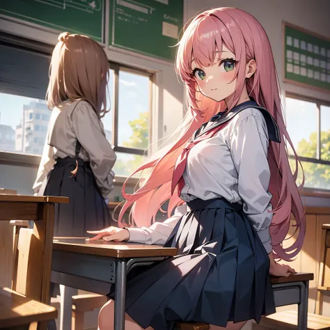 A cute anime school girl with long, wavy pink hair, wearing a sailor-style school uniform. She stands in a classroom filled with sunlight streaming through large windows. The background shows desks, chairs, books on the floor, and a green chalkboard covere...