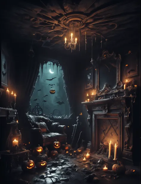 digital art of a gothic style halloween-themed castle's living room, dusty, old and rustic. the main ambient lighting is coming ...