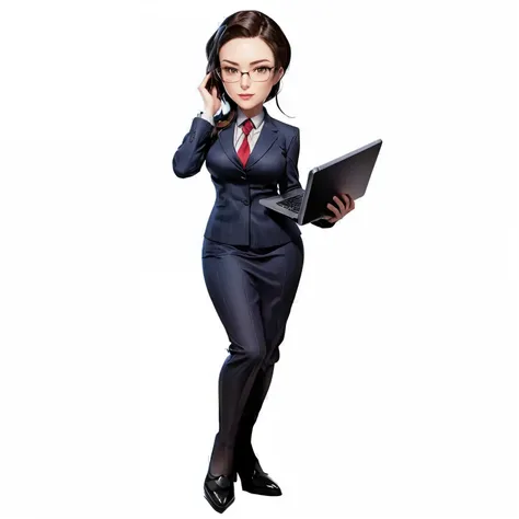 cartoon of a woman in a business suit holding a laptop, anya from spy x family, business woman, character full body portrait, official character art, female lawyer, maya fey from ace attorney, official character illustration, full body character portrait, ...