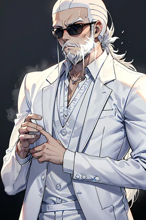  Mafia boss 、Alone、The embodiment of evil、((sunglasses))、((male、A trained fierce person))、Tattoo on arm、Tattoo on neck、((white suit とズボン))、(( zoom up))、((Delicate face))、((Alone、male、Muscular))、 middle-aged male sex、48 years old、beard、Stand in front、(((((S...