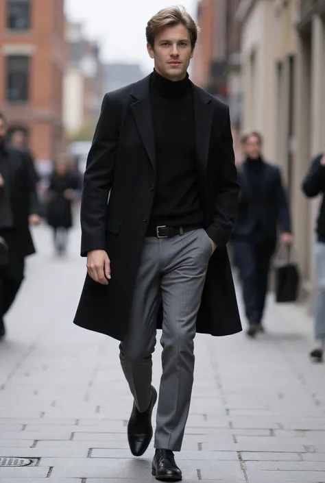 A man with a black turtleneck and a gray suit walking down the street,  gray pants and black shoes , detailed style,  gray turtleneck coat , He was wearing a black coat, grey tones, smart casual, She wears a black coat , trench coat and suit, cool style , ...