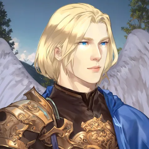 blond haired male with blue eyes and a blue cape, casimir art, inspired by Li Chevalier, arsen lupin as a paladin, archangel michael, a human male paladin, xqc, archangel, male paladin, arthas menethil,  Wings, angel wings