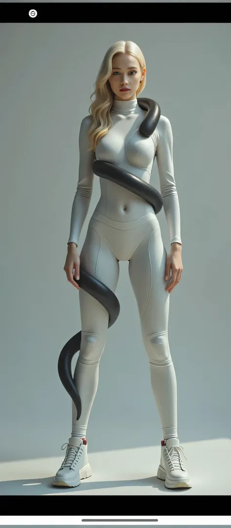 masterpiece,( is the best quality:1.3),Girl wrapped in a golden python spiral ,(Head to body 1：9：1.3)[Imagine:1.0]，[Wide Angle:1.0]，Surrealist sci-fi background picture ， In a futuristic high-rise complex ，Cartoons，Create bold and dynamic text designs for ...