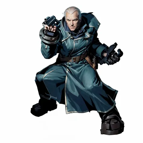  cartoon of a man in a trench coat holding a gun, Kill the guilt!, Mistborns steel Inquisitor, metabaron, fighting game character , villain pose, official character art, Alfonso ,  Kane from the controller  & conquer, Joe Biden as a Jojo character, Gravity...