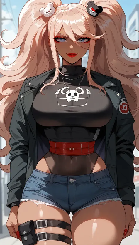 perfect eyes、 perfectly sexy face、ultra detailed、junko enoshima、danganronpa、shiny hair、( big breasts ), black shirt、black jacket...