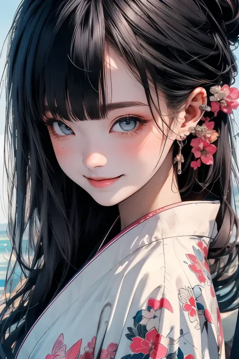 A beautiful woman. Twenty years old. Detailed drawing of the face. Upper body close-up image. She is looking at the camera and smiling. she is wearing a kimono. She is standing on the beach in the early morning.