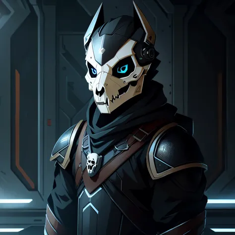 male character, skull mask covering the face. Black clothes like futuristic armor, anime dash