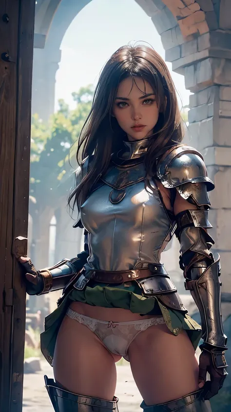 (warrior: 1.5), (brunette warrior: 1.3), 1 girl, solo, pretty girl, young girl, (brown hair), (green eyes), skinny girl, perfect breasts, juicy, pretty face, thin waist, thick legs, flexible body, (knight armor), (steel breastplate, steel gauntlets, steel ...