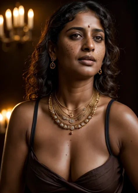 Looks like Anushka Shetty, a photo portrait of a beautiful girl 55 years old, mature woman, fleshy figure, juicy figure, with curls, styled black hair, (face portrait:1.5), dramatic light, Rembrandt lighting scheme, bust shot, linen tank top , top quality ...