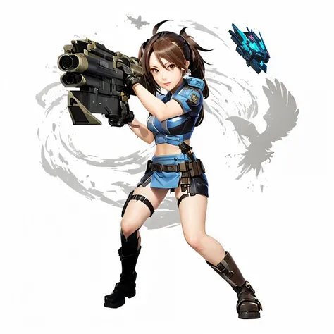  concept art a close up of a person holding a gun near a bird,  girl with a maple gun ,  Character from the video game Katana Zero ,  Natalie from epic battle fantasy , female mechanized soldier , metal slug , Guilty Gear art style, JRPG Character, fightin...