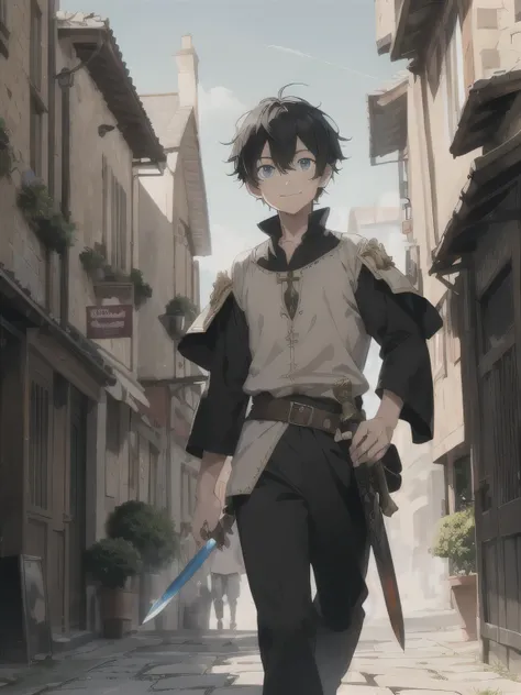 A detailed anime cover poster of a boy, elementary age, with short, tousled black hair and bright blue eyes, smiling, joyfully walking through the lively streets of Medieval City during the day. He wears a white medieval shirt and has a sword at his hip, b...