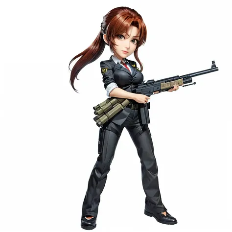 a woman in a suit holding a rifle and a pistol,  Laguna Negra from Revy , Anya de Spy X Family, Yayoi Kasuma, with rifle, Misato Katsuragi, Shooting pose, Revy from the black lagoon, female anime character, female protagonist 👀 :8, with gun, Sprite, action...