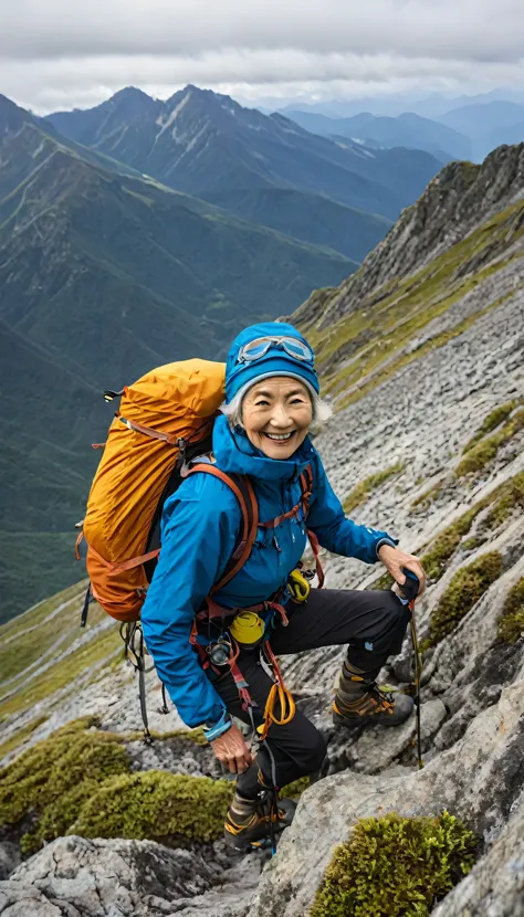 A 60-year-old woman mountaineering 